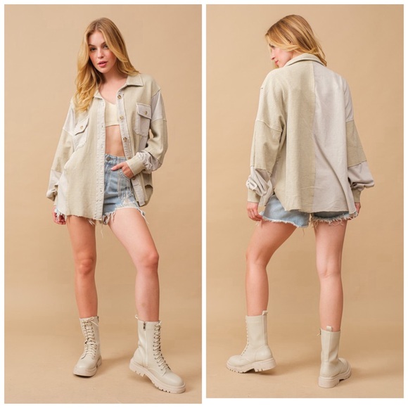 NEW Oversized Washed French Terry Waffle Mix Button Up Knit Shirt Jacket- Blue B - Picture 4 of 4